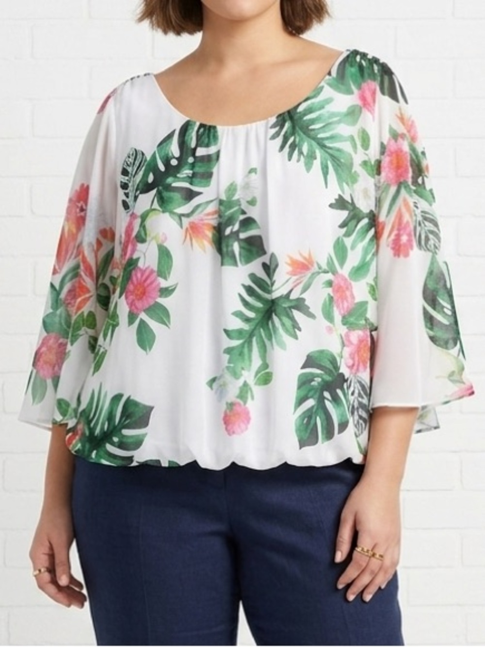 Vince Camuto Tropical Floral Blouse XL White Sheer Batwing Sleeve Resort Top